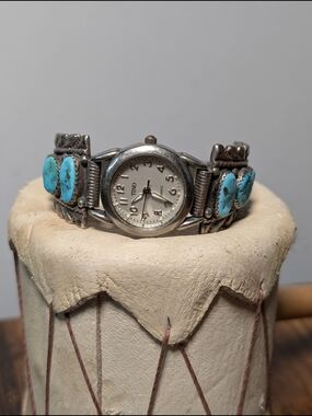 Signed Vintage Sterling & Turquoise Watch - First American Traders
